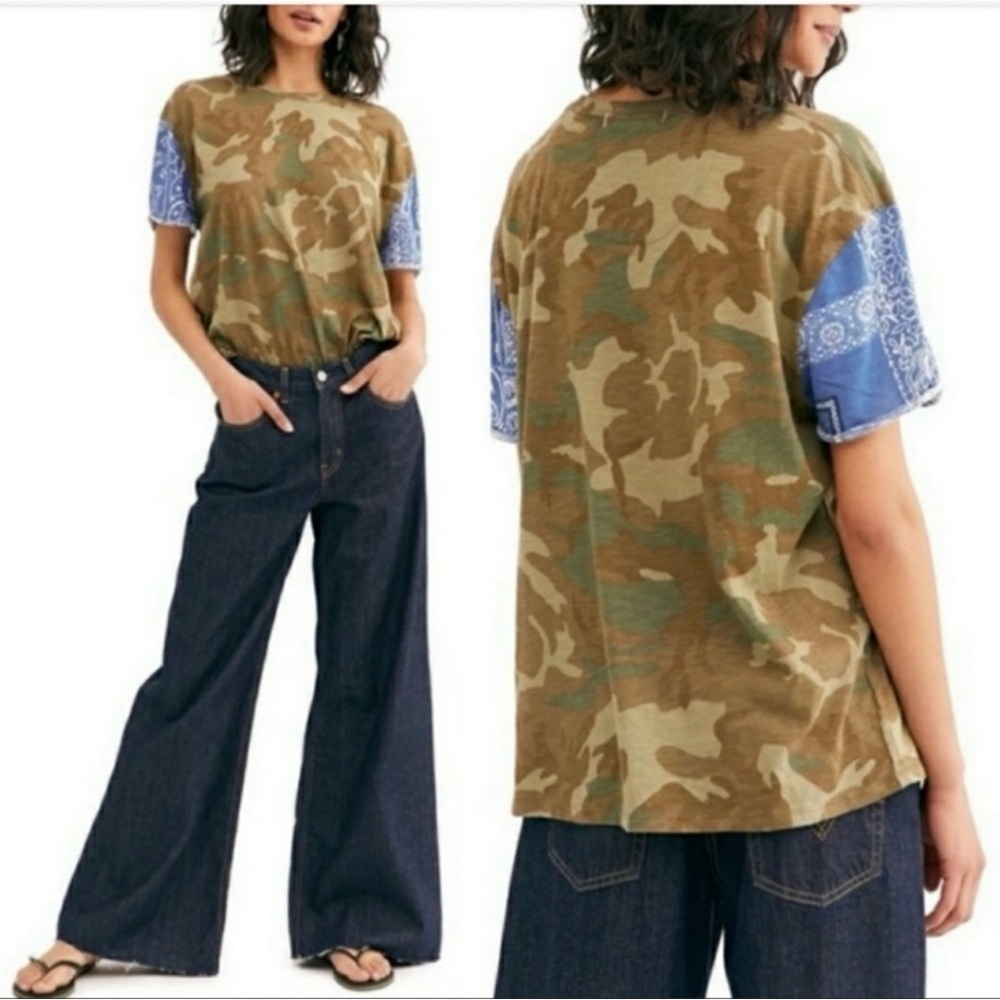 Free People Camo Tee with Blue Bandana Sleeve Accents